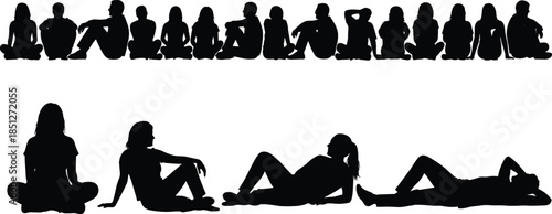 Seated reclining silhouette, human posture variety, black white vector, relaxed pose, lifestyle concept, anatomy reference, people illustration