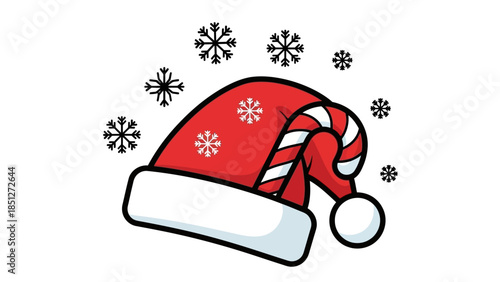 Red Santa Hat with White Trim and Falling Snowflakes on a White Background.