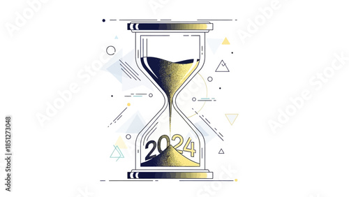 Hourglass with sand forming the number 2024, symbolizing the passage of time and new year.