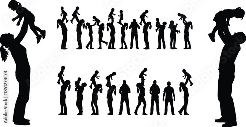 Silhouetted adults and children playing, joyful interaction, family bonding, white background, expressive poses, abstract figures, emotional connection