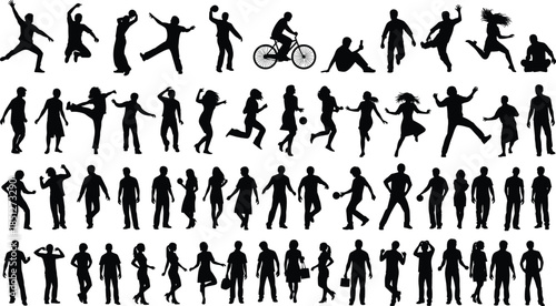 Silhouetted people in motion, dancing, running, jumping, sports activity, expressive poses, white background, dynamic movement, lifestyle concept
