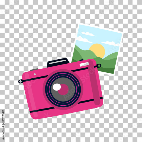 A pink camera and a landscape photo on a transparent background.