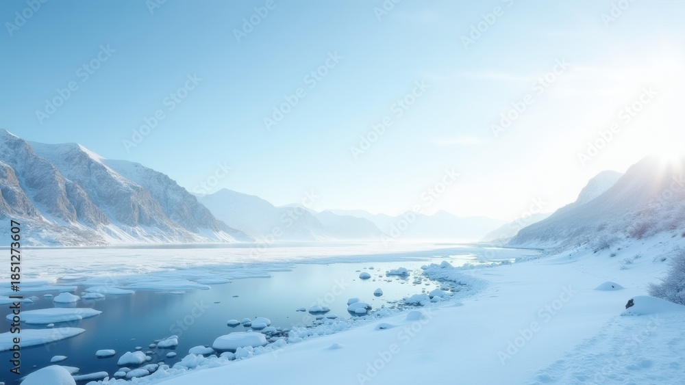 Fototapeta premium Frozen river with open water channel winding through snow covered landscape and bare trees in misty winter light. concept of winter serenity, seasonal nature, holiday atmosphere.