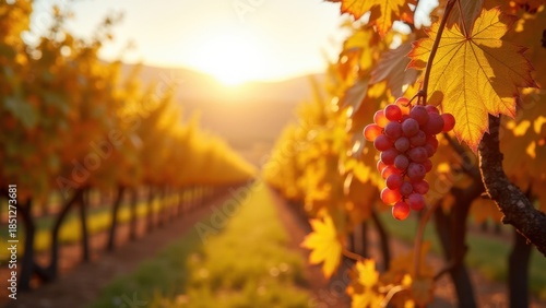 Ripe red grapes hanging on vine with autumn colored leaves in vineyard rows at golden sunset. concept of wine production, harvest season, agritourism.