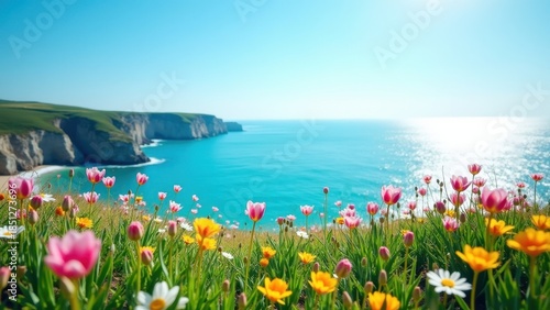 Vibrant pink tulips and wildflowers blooming on coastal cliff overlooking turquoise ocean and sunny sky. concept of spring nature, travel destination, floral beauty.