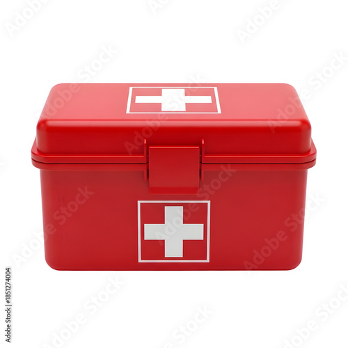 Red first aid kit box with white cross symbol for medical emergency preparedness isolated on transparent background