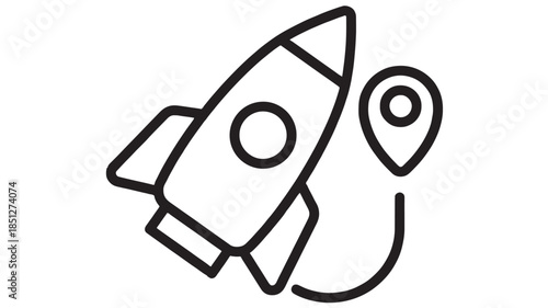 Minimalist rocket ship with location pin icon on transparent background silhouette