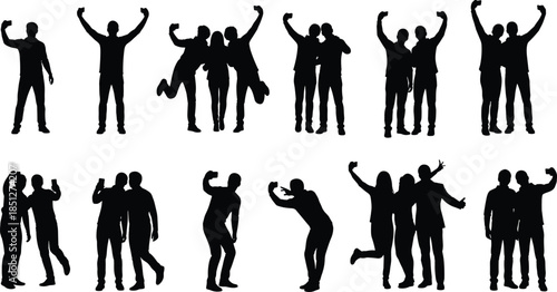 Silhouetted people taking selfies, smartphone pose, expressive gestures, white background, group dynamics, modern lifestyle, social behavior, selfie culture