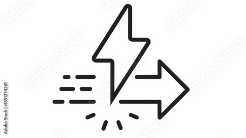 Linear icon of lightning bolt and arrow with dashed lines on transparent background silhouette