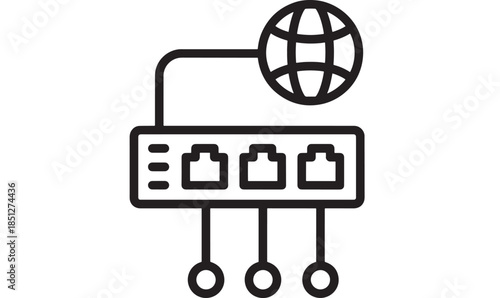 Network server with globe connection line art icon on transparent background silhouette