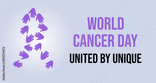 Banner for Cancer Day with the 2026 theme "United by Unique" and handprints of different people forming a purple ribbon