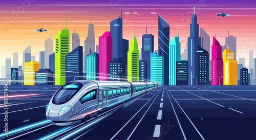 Futuristic cityscape with sleek bullet train speeding through modern metropolis at sunset