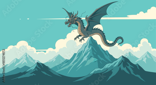 Majestic dragon soaring over snow-capped mountains under turquoise sky