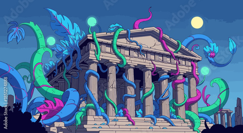 Vibrant illustration of ancient temple overgrown with colorful futuristic vines