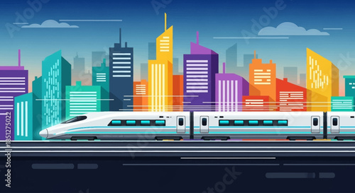 Modern bullet train speeding through vibrant cityscape with colorful skyscrapers