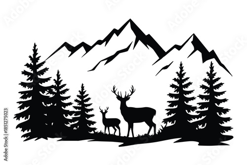 deer woodland silhouette with evergreen trees and mountain peaks