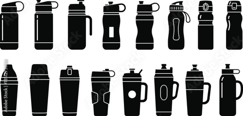 Sports water bottle silhouettes collection, reusable drink containers set, fitness hydration flasks icons, black plastic bottle illustrations isolated on white background