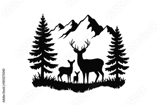 deer silhouette trio stag doe fawn in mountain forest scene