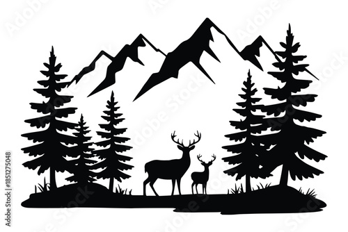 deer family silhouette stag doe fawn with trees and mountains