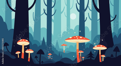 Whimsical forest scene with vibrant mushrooms under moonlight