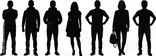 Standing people silhouette, casual semi-formal pose, fashion posture, black white vector, identity concept, human style illustration