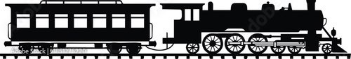 train steam engine and passenger car silhouette on track vector design