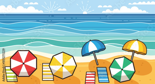 Colorful beach scene with umbrellas and towels on sunny day