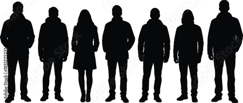 Standing people silhouette, casual clothing variation, black white vector, posture diversity, identity concealment, human outline illustration art