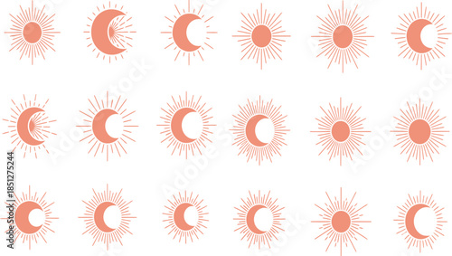Bohemian Celestial Sun and Moon Icons Collection with Phases - Vector Graphic Design Elements