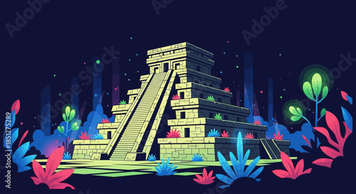 Vibrant Mayan temple surrounded by colorful plants in a mystical night setting