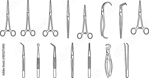 Surgical instrument silhouette vector set featuring forceps, scissors, clamps and medical tools, black outline healthcare icons isolated background
