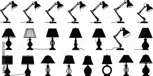 Table lamp and desk lamp silhouette vector set classic modern lighting fixtures icons isolated on white background