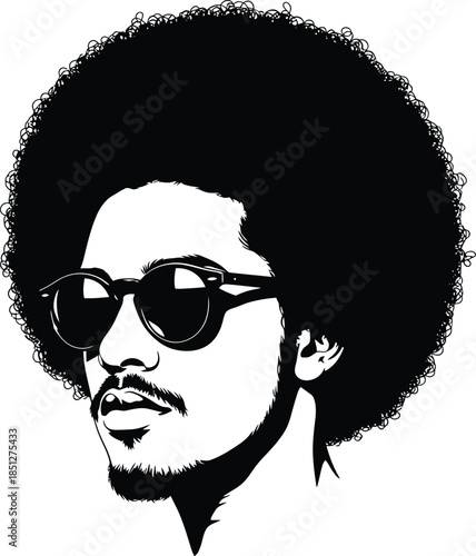 Afro hairstyle man wearing sunglasses silhouette isolated on white background, retro style fashion portrait