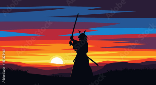 Samurai warrior standing proudly with sword at sunset