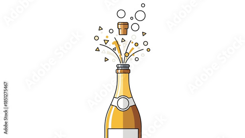 Champagne bottle popping with cork flying out and festive confetti, celebrating a special occasion.