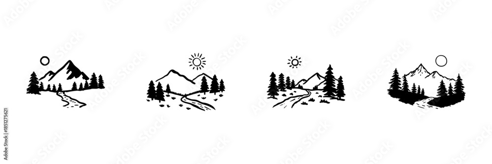 Obraz premium Mountain Landscape With Sun And Trees In Hand Drawn Style Set. Nature Scenery, Outdoor Adventure, Hiking Trail Doodle Sketch Collection. Rustic Wilderness Art. Isolated Vector Illustration