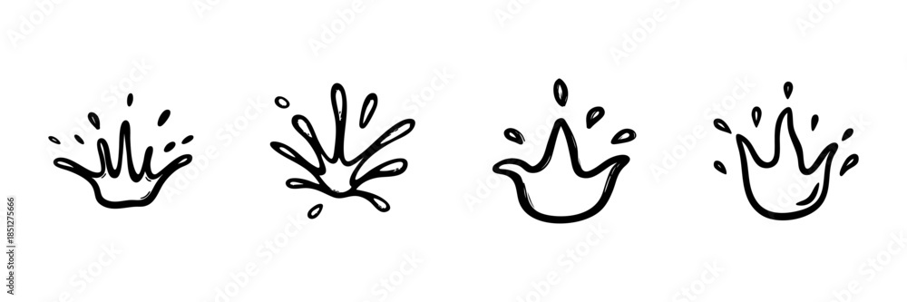 Obraz premium Water Splash Icons In Hand Drawn Style Set. Fluid Dynamics, Liquid Motion, And Splash Effects Doodle Sketch Collection. Artistic Expression. Isolated Vector Illustration