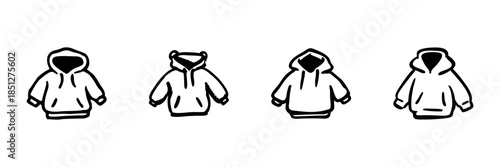 Hoodie Collection In Hand Drawn Style Set. Casual Fashion, Cozy Apparel, Winter Wear Doodle Sketch Collection. Comfortable Clothing Variety. Isolated Vector Illustration