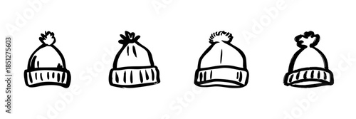 Winter Beanie Hats In Hand Drawn Style Set. Cozy Warmth, Fashionable Winter Accessories Doodle Sketch Collection. Seasonal Headwear Variety. Isolated Vector Illustration