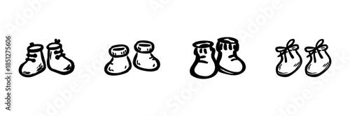 Baby Shoes Collection In Hand Drawn Style Set. Infant Footwear, Newborn Booties, Cute Baby Fashion Doodle Sketch Collection. Nursery Decor, Baby Shower Theme. Isolated Vector Illustration