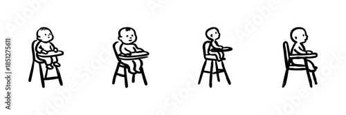 Baby In High Chair In Hand Drawn Style Set. Infant Feeding, Child Safety, Mealtime Routine Doodle Sketch Collection. Parenting And Childcare Essentials. Isolated Vector Illustration