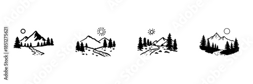 Mountain Landscape With Sun And Trees In Hand Drawn Style Set. Nature Scenery, Outdoor Adventure, Hiking Trail Doodle Sketch Collection. Rustic Wilderness Art. Isolated Vector Illustration
