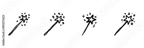 Magic Wand Icons In Hand Drawn Style Set. Enchantment, Fantasy, Wizardry Doodle Sketch Collection. Magical Elements And Fairy Tale Symbols. Isolated Vector Illustration