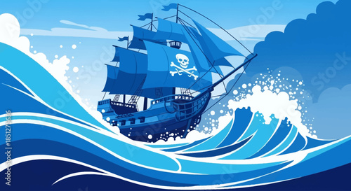 Pirate ship sailing through rough blue ocean waves with skull flag