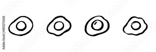 Fried Egg Icons In Hand Drawn Style Set. Breakfast, Culinary Art, Food Illustration Doodle Sketch Collection. Cooking And Nutrition Symbols. Isolated Vector Illustration