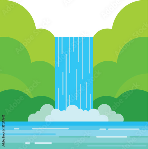 A serene cartoon waterfall cascading into a tranquil lake surrounded by lush green trees and clouds in a peaceful natural setting