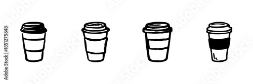 Four Coffee Cups In Hand Drawn Style Set. Takeaway Beverage, Cafe Culture, Morning Routine Doodle Sketch Collection. Isolated Vector Illustration