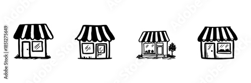 Small Retail Shops In Hand Drawn Style Set. Local Business, Storefront, Boutique Doodle Sketch Collection. Community Commerce Representation. Isolated Vector Illustration