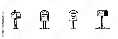 Mailboxes In Hand Drawn Style Set. Postal Service, Communication, Mail Delivery Doodle Sketch Collection. Vintage Postal Icons. Isolated Vector Illustration