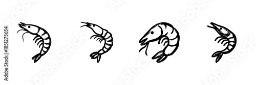 Shrimp Illustrations In Hand Drawn Style Set. Seafood, Marine Life, Culinary Art Doodle Sketch Collection. Nautical Theme, Oceanic Design. Isolated Vector Illustration